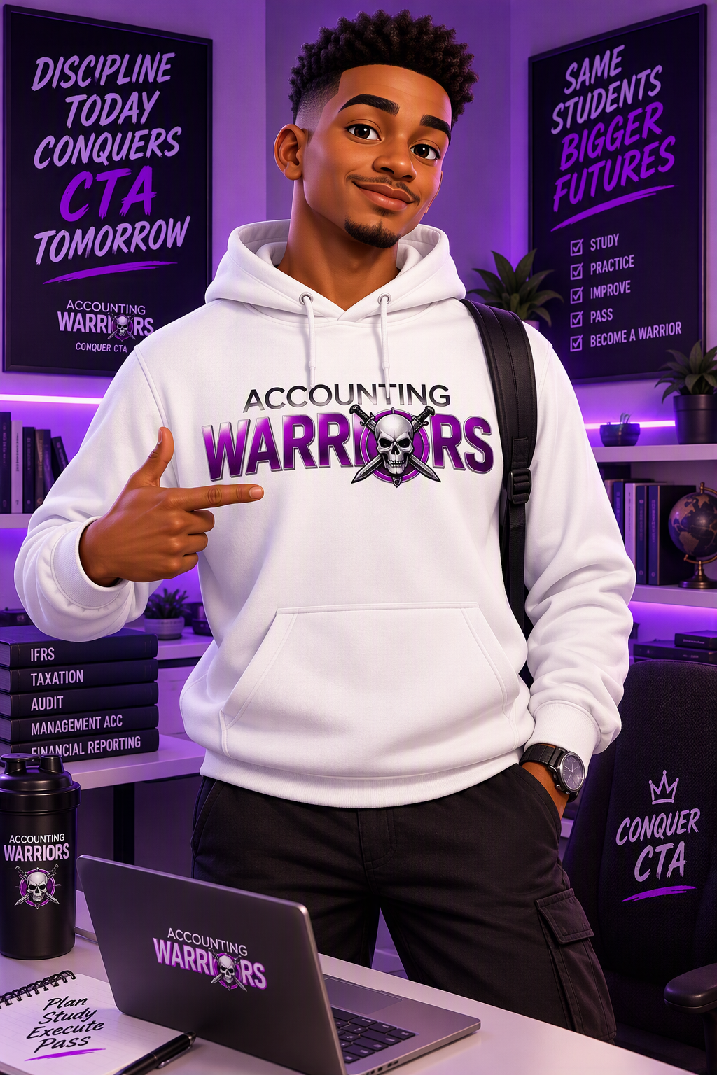 Warrior student in white hoodie